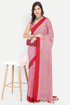 PINK & RED COTTON SLUB SAREE - Cotton