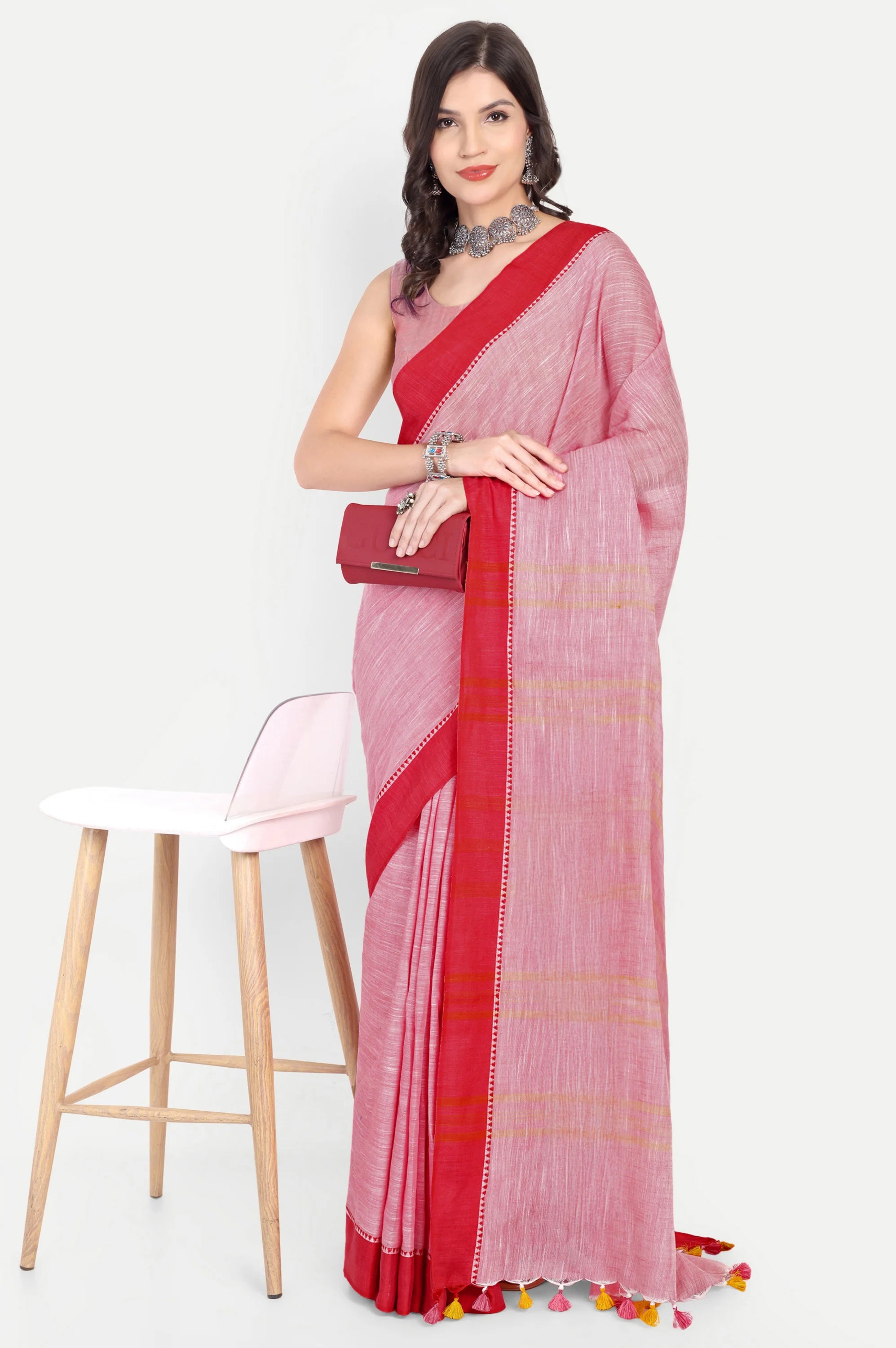 PINK & RED COTTON SLUB SAREE - Cotton