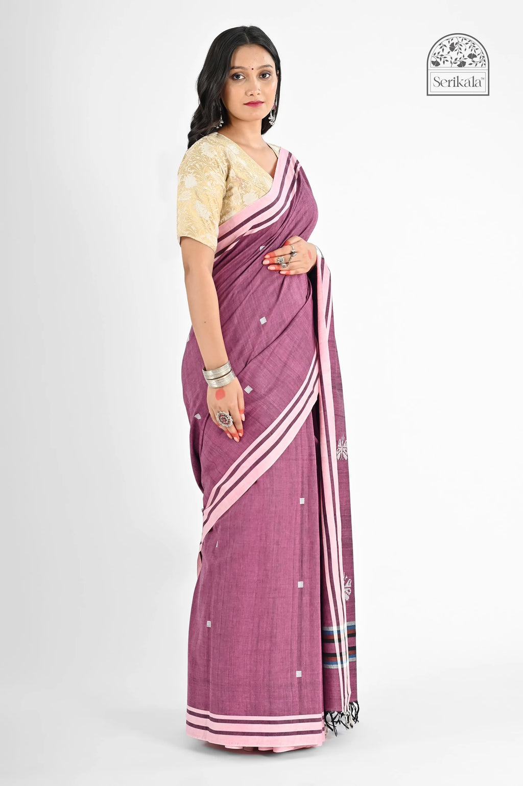 PLUM PINK COTTON SAREE WITH BAWAN BUTA WORK - Hand - woven