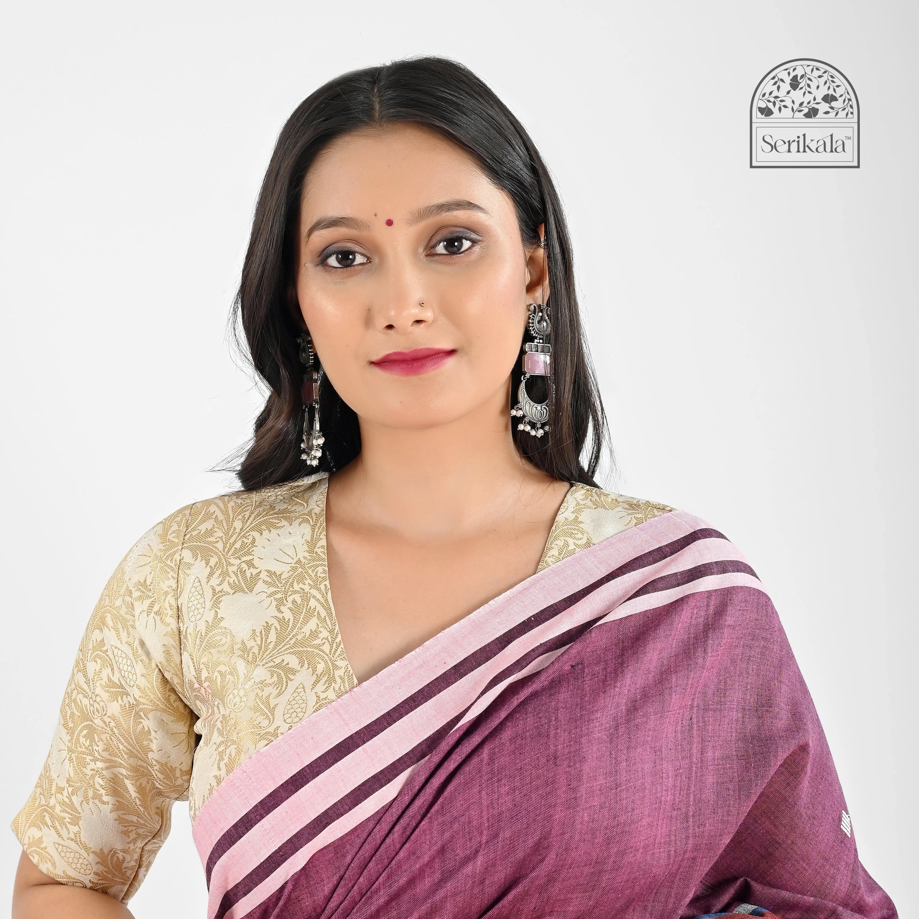 PLUM PINK COTTON SAREE WITH BAWAN BUTA WORK - Hand - woven