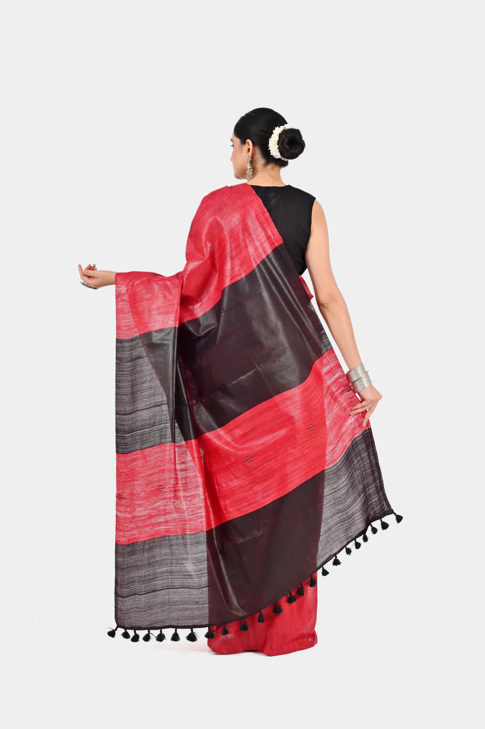 RED BLACK GHICHA SILK SAREE - Hand - woven