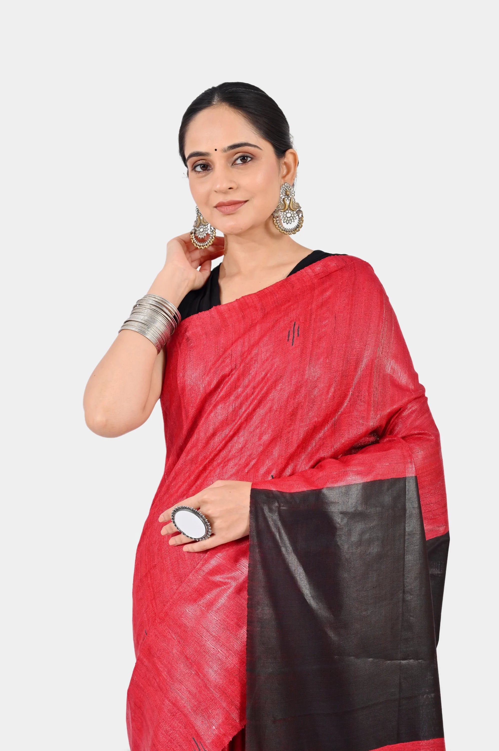 RED BLACK GHICHA SILK SAREE - Hand - woven