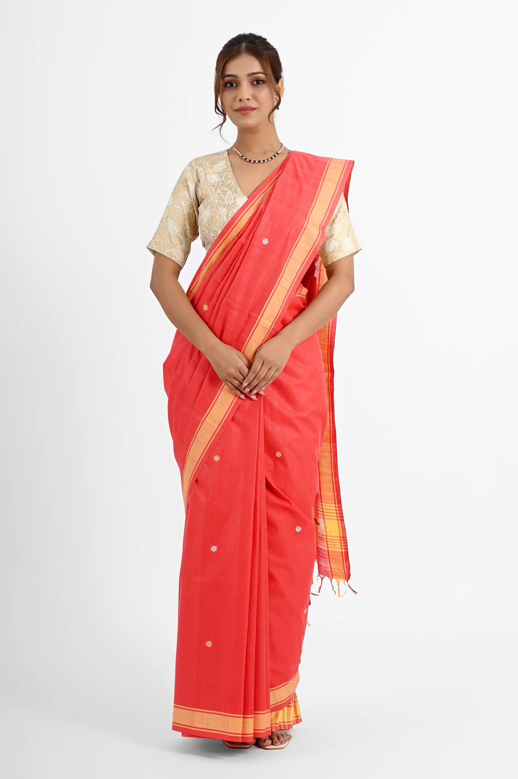 RED COTTON SAREE WITH BAWAN BUTA PALLU - Hand - woven