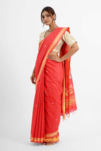 RED COTTON SAREE WITH BAWAN BUTA PALLU - Hand - woven