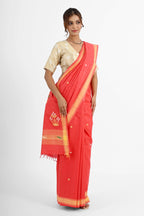 RED COTTON SAREE WITH BAWAN BUTA PALLU - Hand - woven