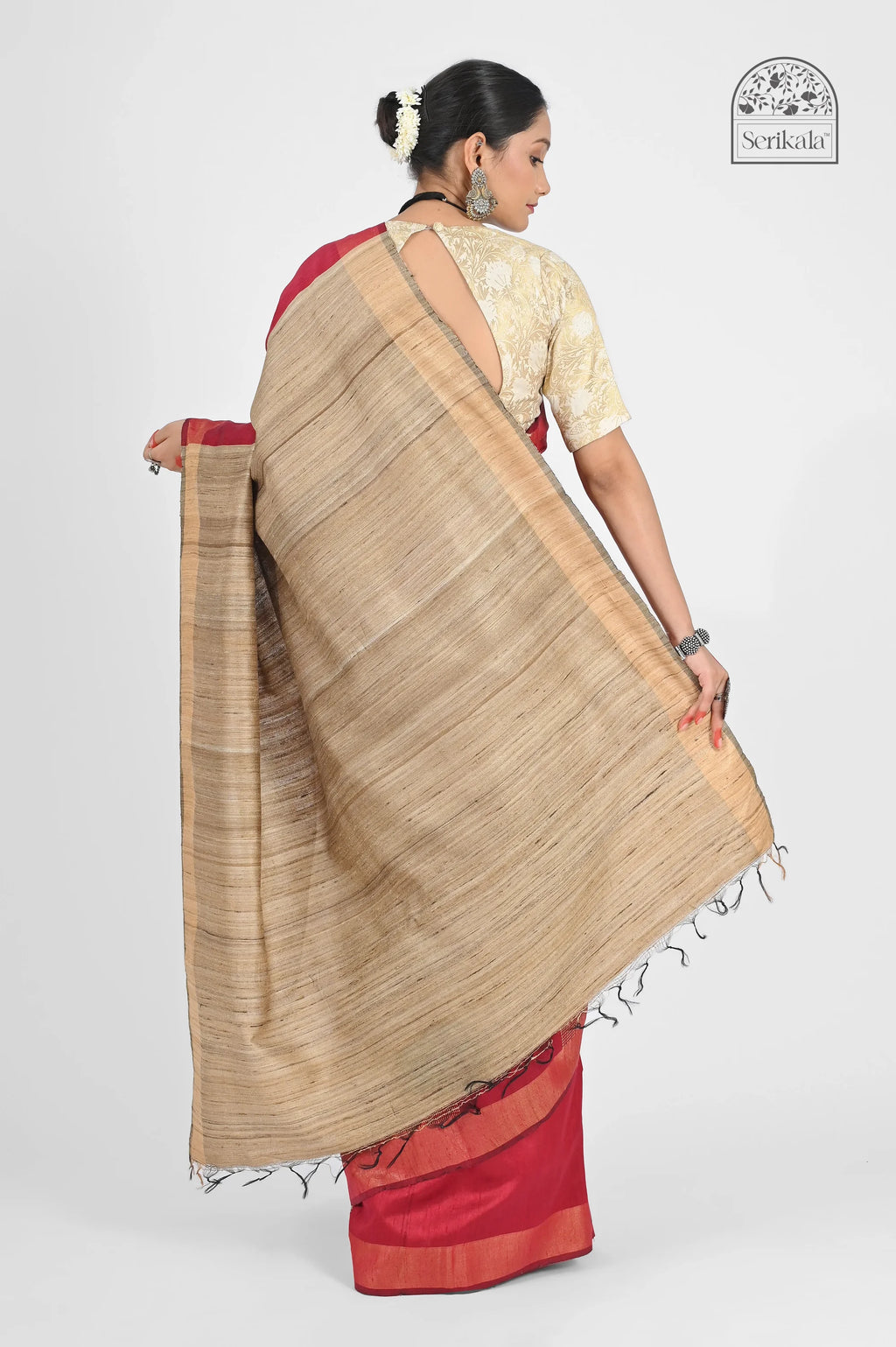 RED DUPION SILK SAREE WITH BEIGE PALLU - Hand - woven