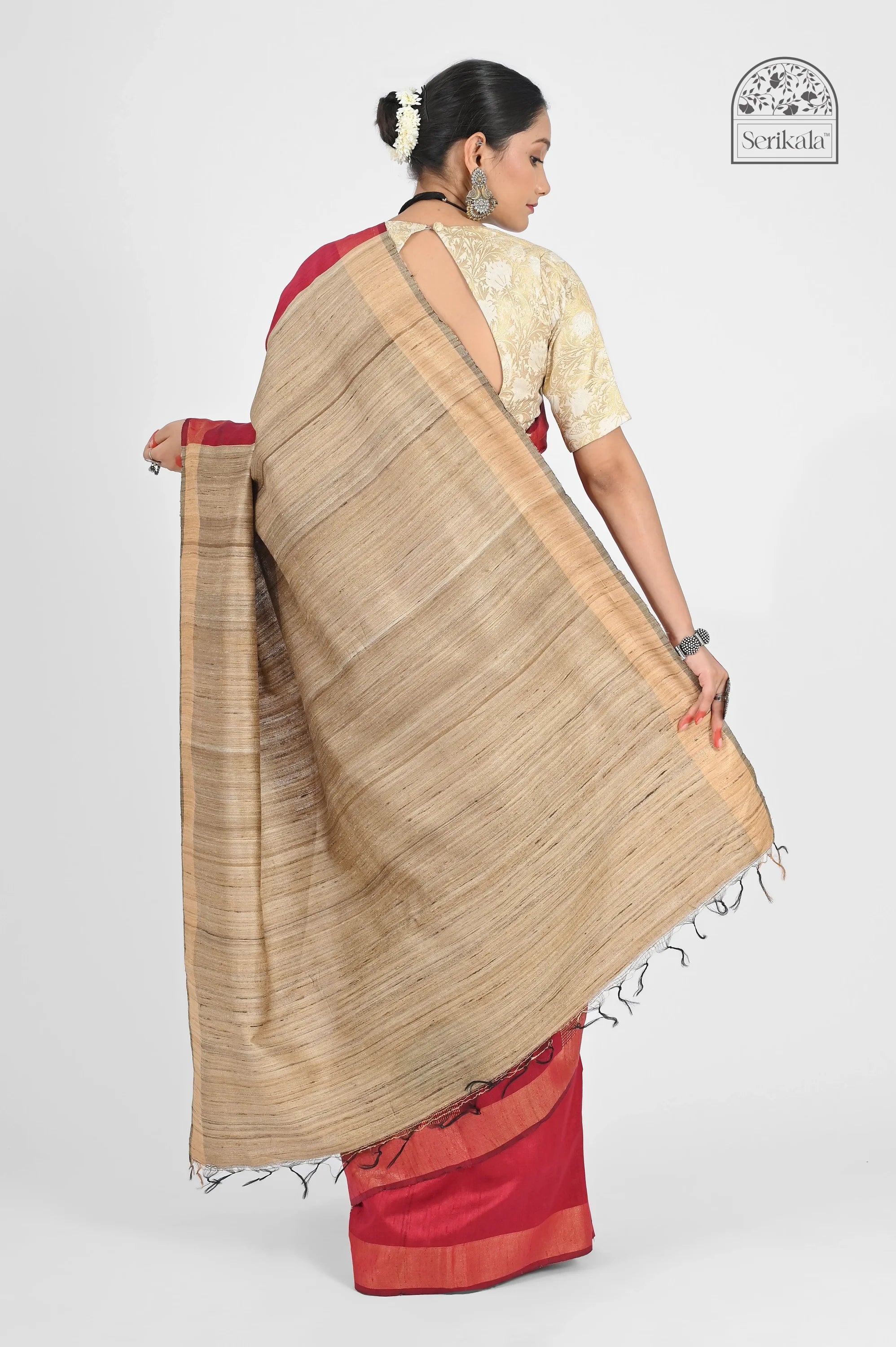 RED DUPION SILK SAREE WITH BEIGE PALLU - Hand - woven