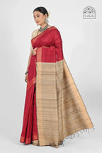 RED DUPION SILK SAREE WITH BEIGE PALLU - Hand - woven