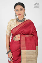 RED DUPION SILK SAREE WITH BEIGE PALLU - Hand - woven