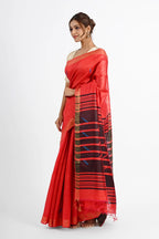 RED DUPION SILK SAREE WITH BLACK AANCHAL - Hand - woven