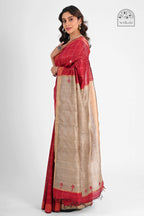 RED DUPION SILK SAREE WITH TUSSAR PALLU - Hand - woven