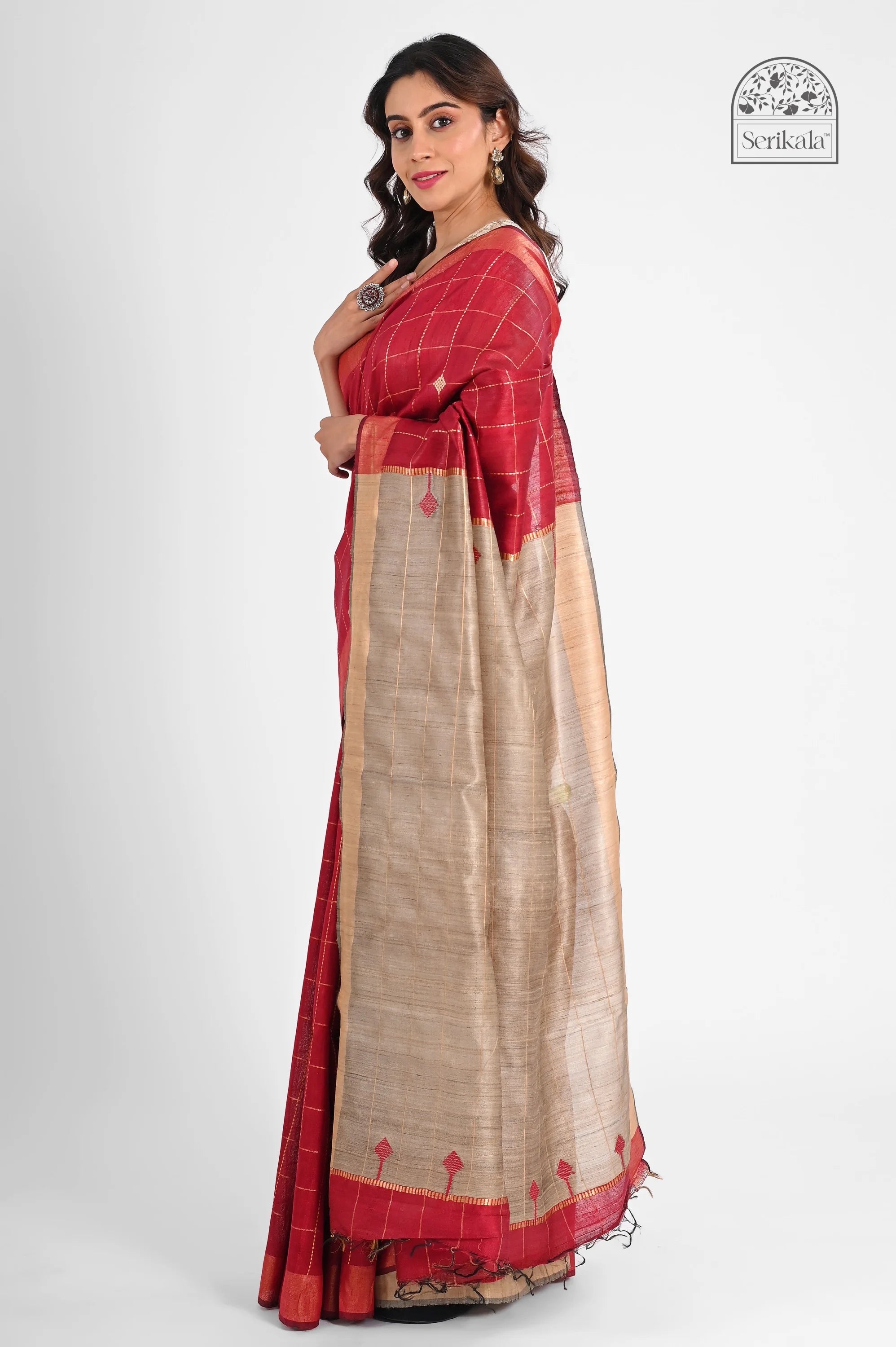 RED DUPION SILK SAREE WITH TUSSAR PALLU - Hand - woven