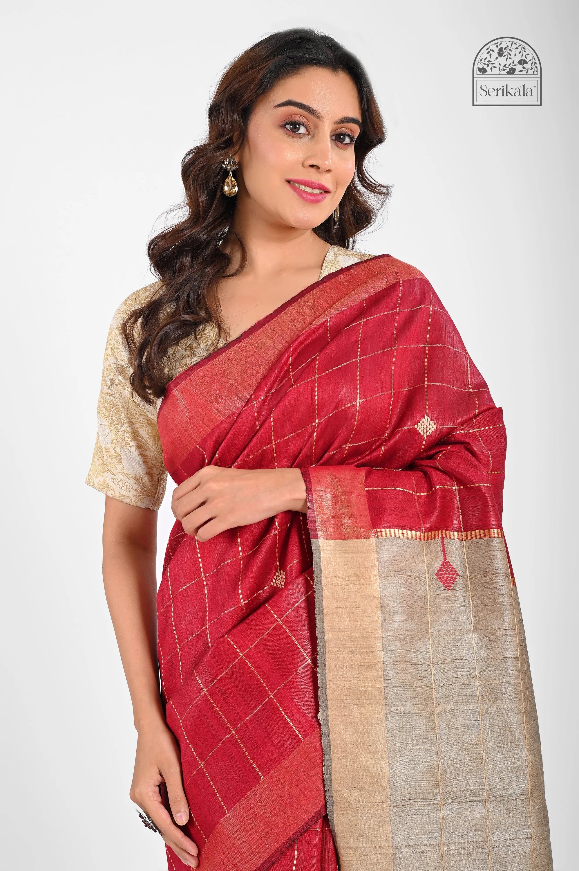 RED DUPION SILK SAREE WITH TUSSAR PALLU - Hand - woven