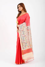 RED ERI SILK SAREE WITH MADHUBANI AANCHAL - Hand-Painted Madhubani Arts - Hand - Painted