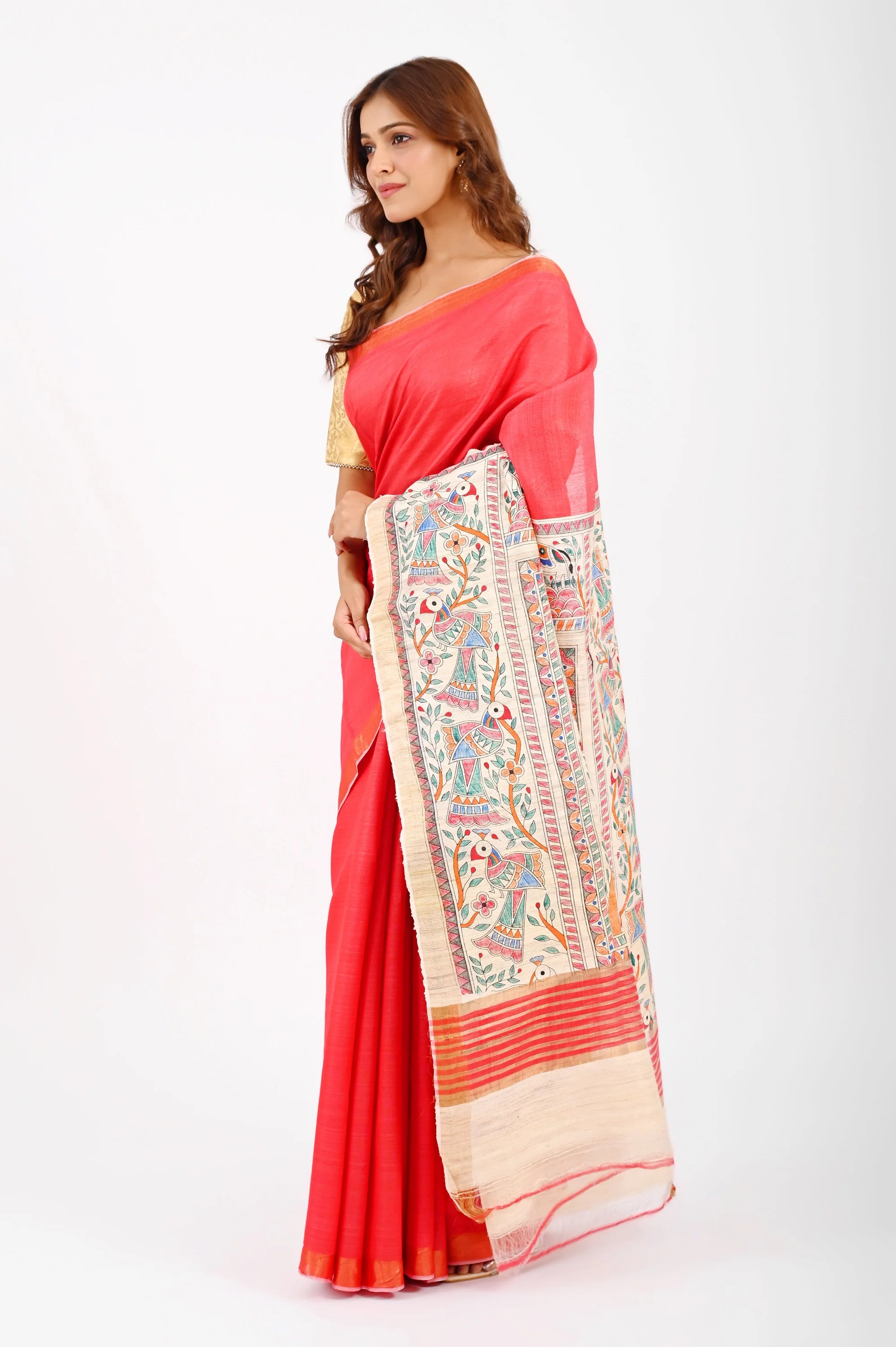 RED ERI SILK SAREE WITH MADHUBANI AANCHAL - Hand-Painted Madhubani Arts - Hand - Painted