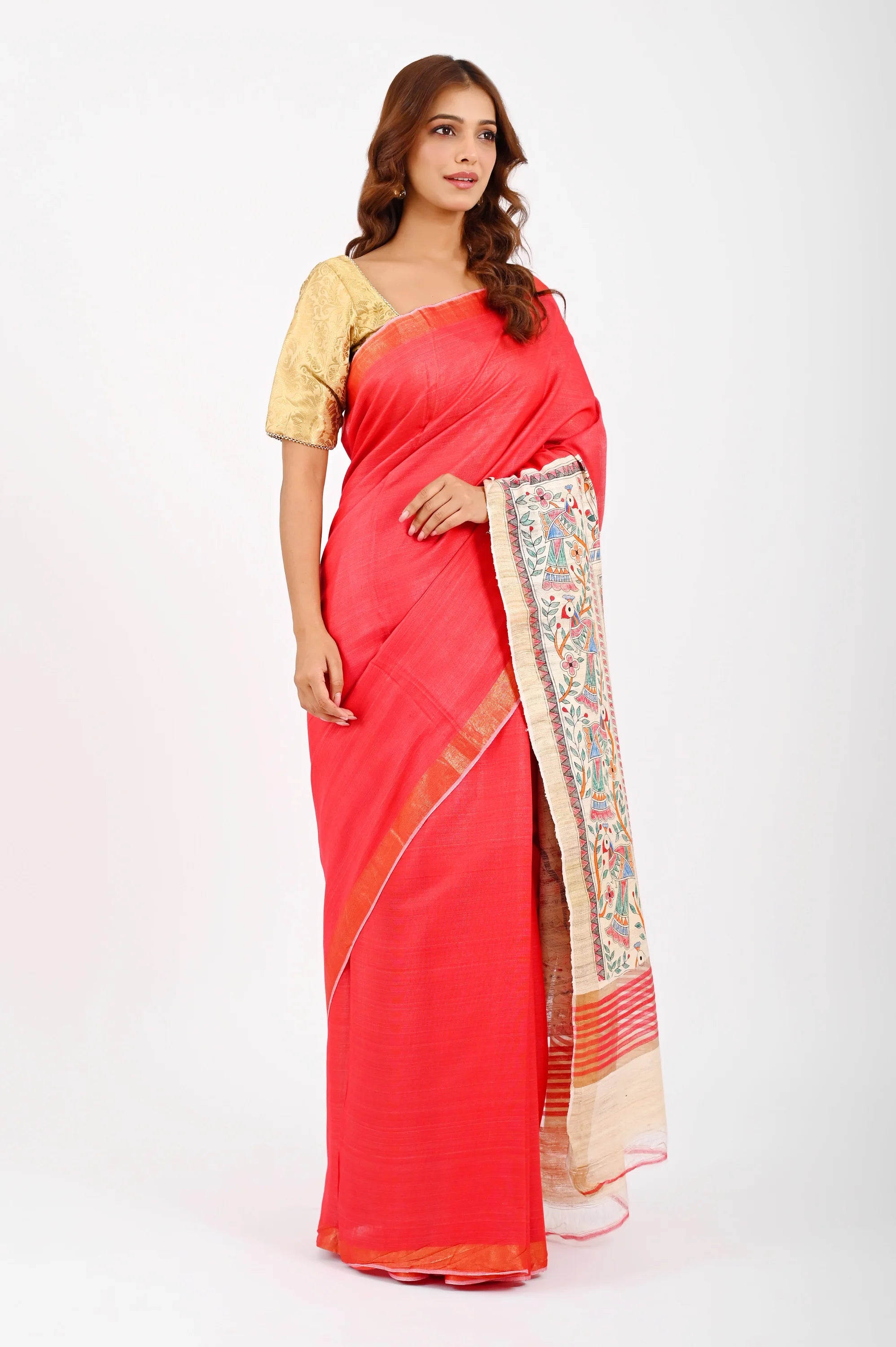 RED ERI SILK SAREE WITH MADHUBANI AANCHAL - Hand-Painted Madhubani Arts - Hand - Painted