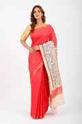 RED ERI SILK SAREE WITH MADHUBANI AANCHAL - Hand-Painted Madhubani Arts - Hand - Painted