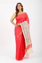 RED ERI SILK SAREE WITH MADHUBANI AANCHAL - Hand-Painted Madhubani Arts - Hand - Painted