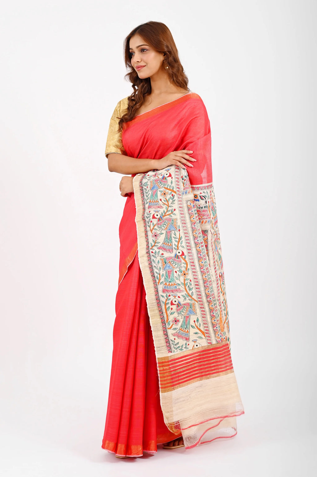 RED ERI SILK SAREE WITH MADHUBANI AANCHAL - Hand-Painted Madhubani Arts - Hand - Painted