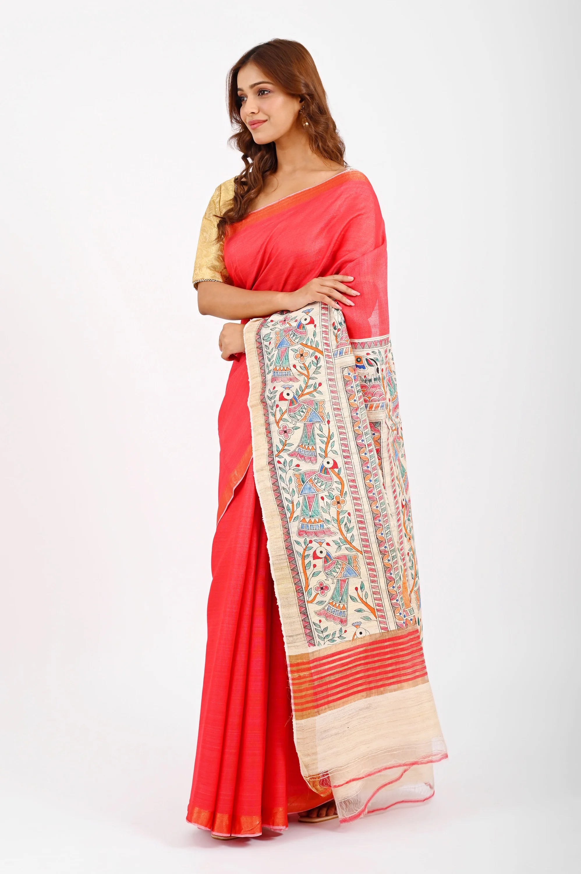 RED ERI SILK SAREE WITH MADHUBANI AANCHAL - Hand-Painted Madhubani Arts - Hand - Painted