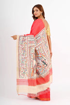 RED ERI SILK SAREE WITH MADHUBANI AANCHAL - Hand-Painted Madhubani Arts - Hand - Painted