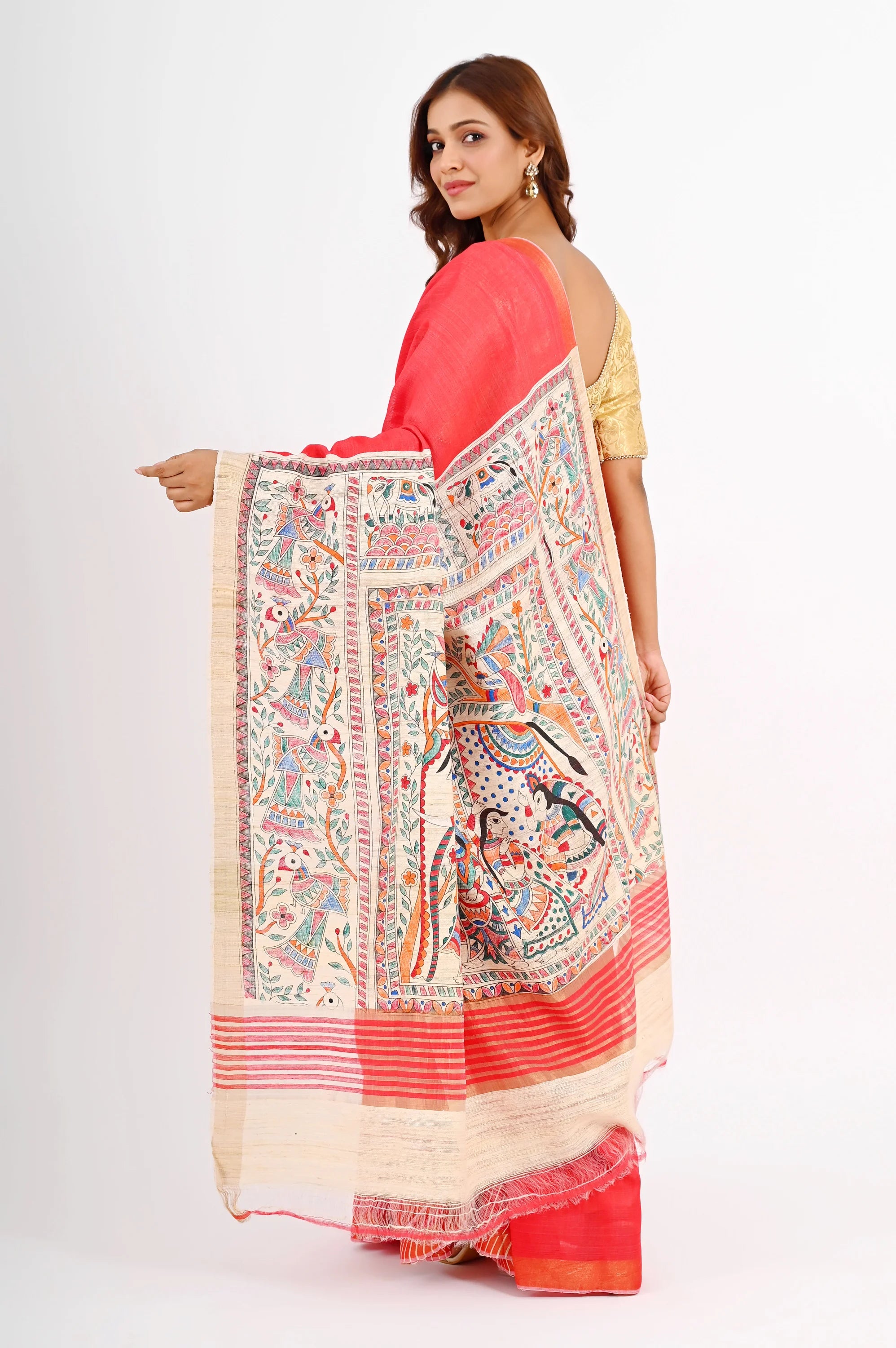 RED ERI SILK SAREE WITH MADHUBANI AANCHAL - Hand-Painted Madhubani Arts - Hand - Painted