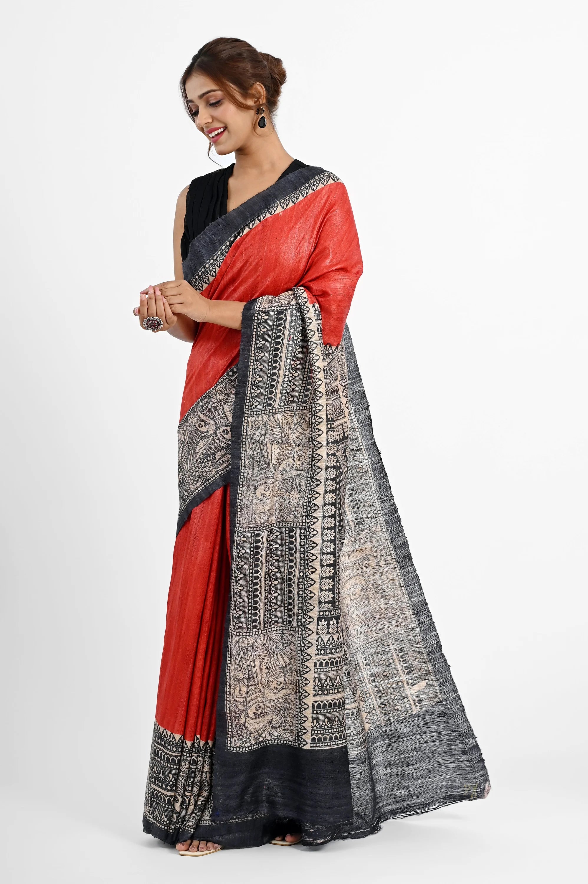 RED GHICHA SILK SAREE WITH MADHUBANI AANCHAL - Screen Print