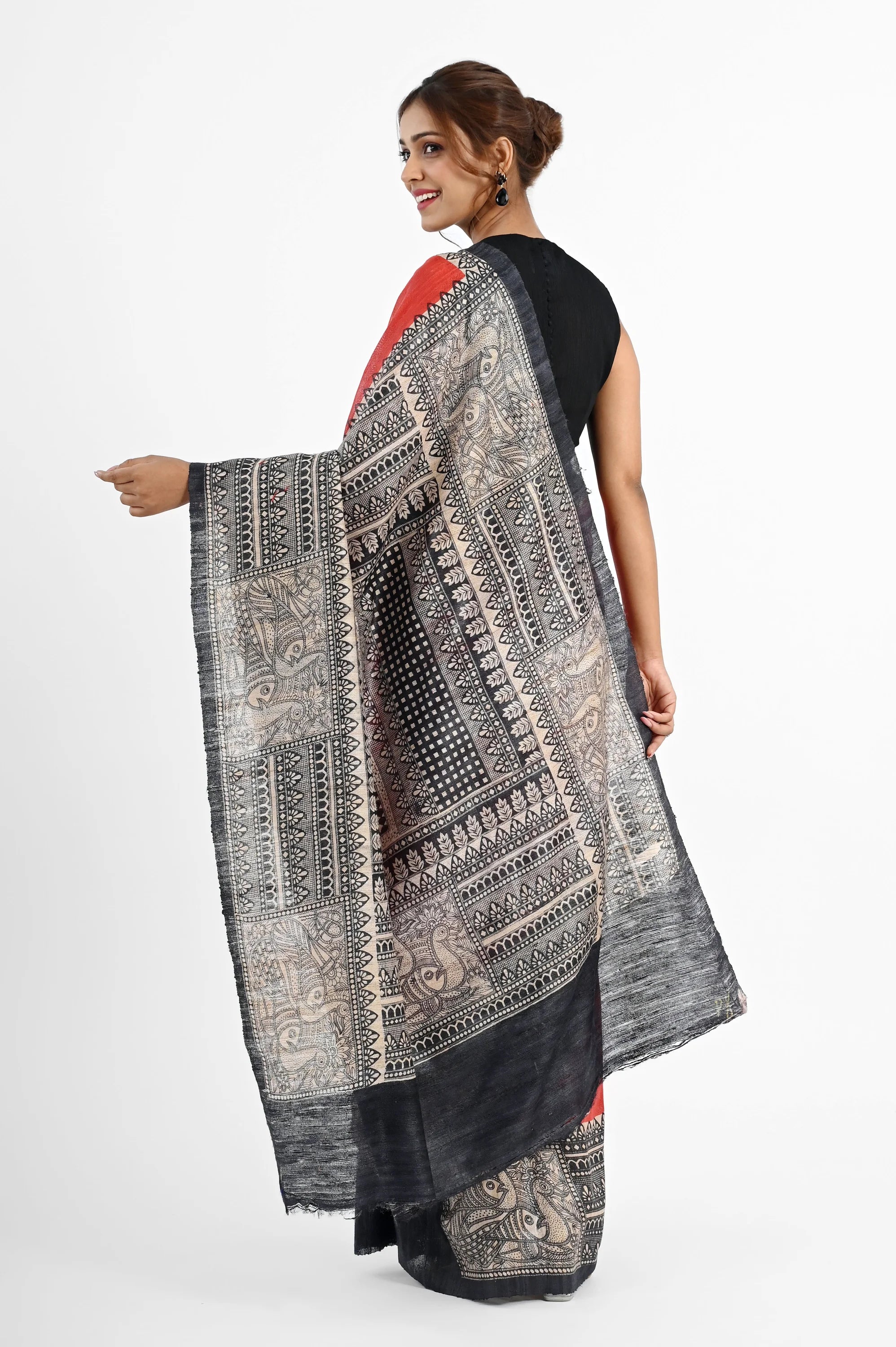 RED GHICHA SILK SAREE WITH MADHUBANI AANCHAL - Screen Print