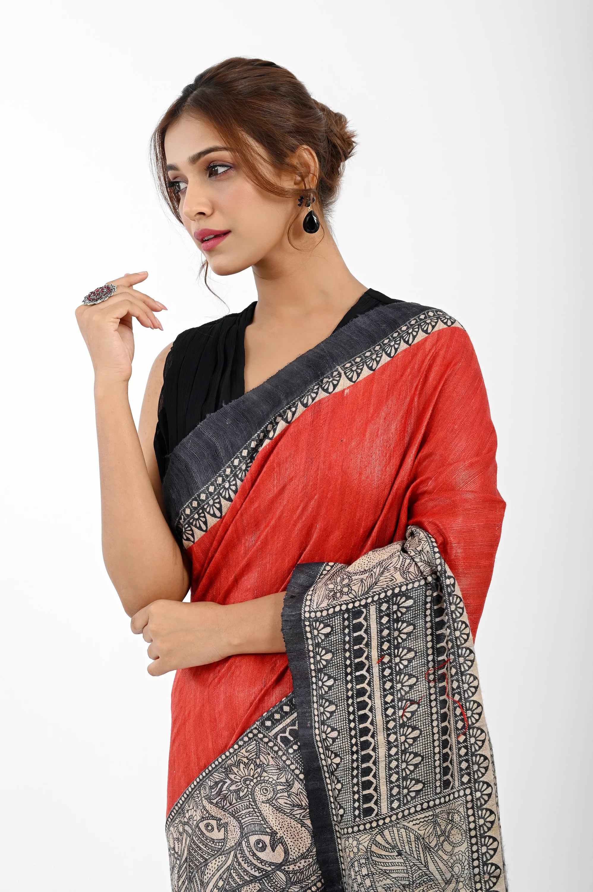 RED GHICHA SILK SAREE WITH MADHUBANI AANCHAL - Screen Print