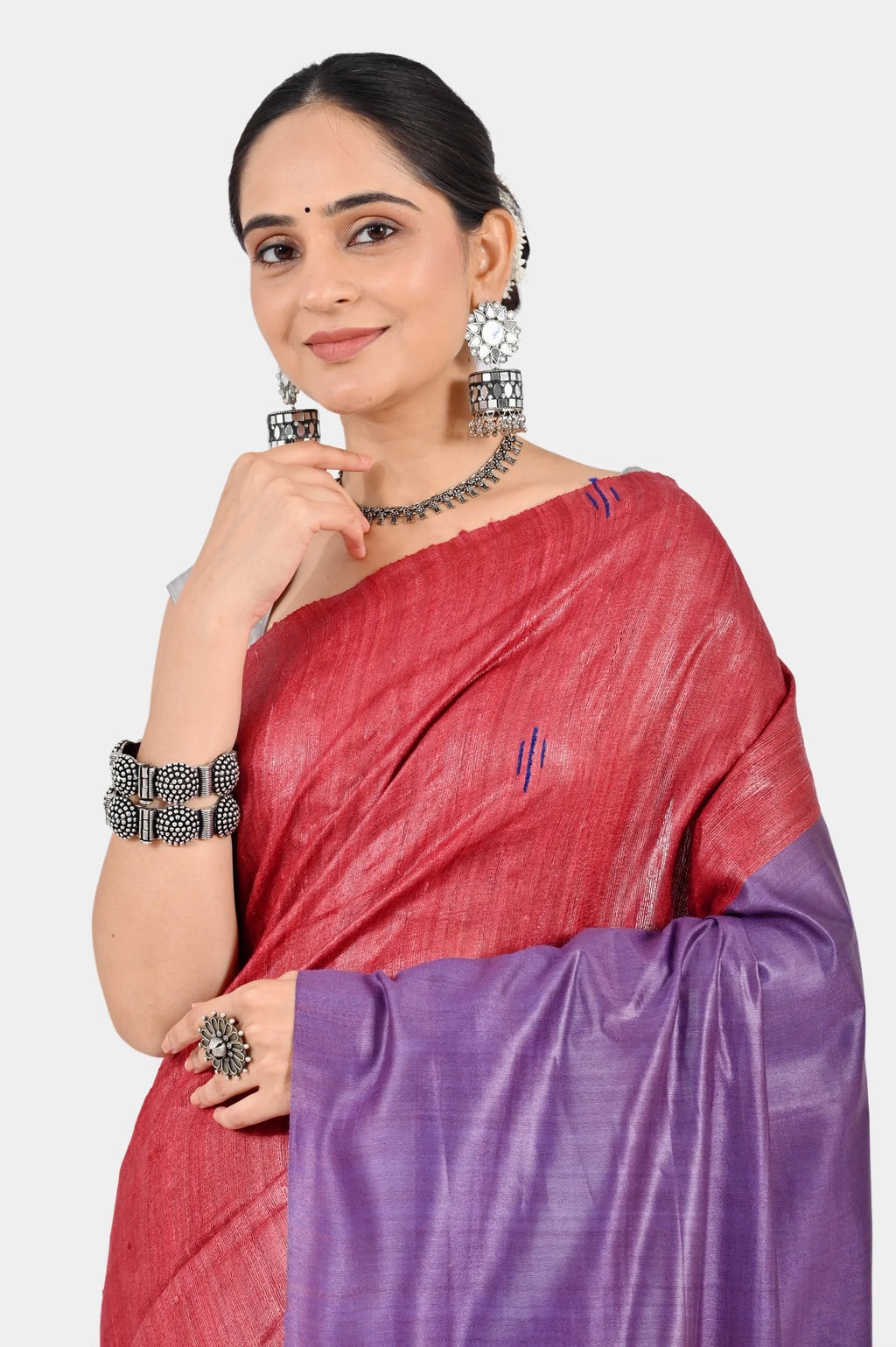 RED PURPLE GHICHA SILK SAREE - Hand - woven
