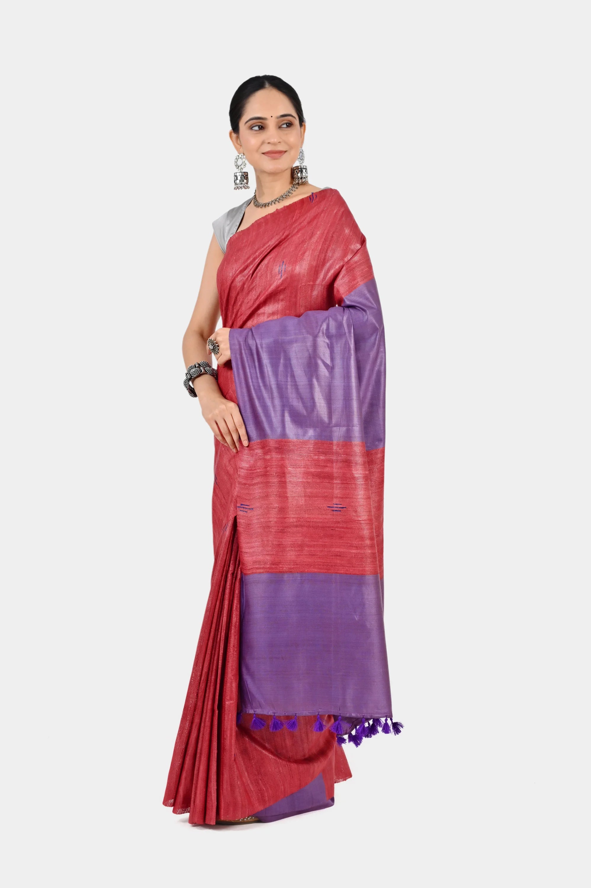 RED PURPLE GHICHA SILK SAREE - Hand - woven