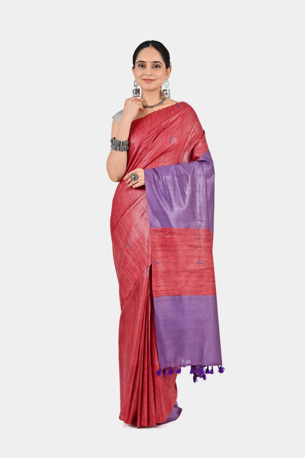 RED PURPLE GHICHA SILK SAREE - Hand - woven