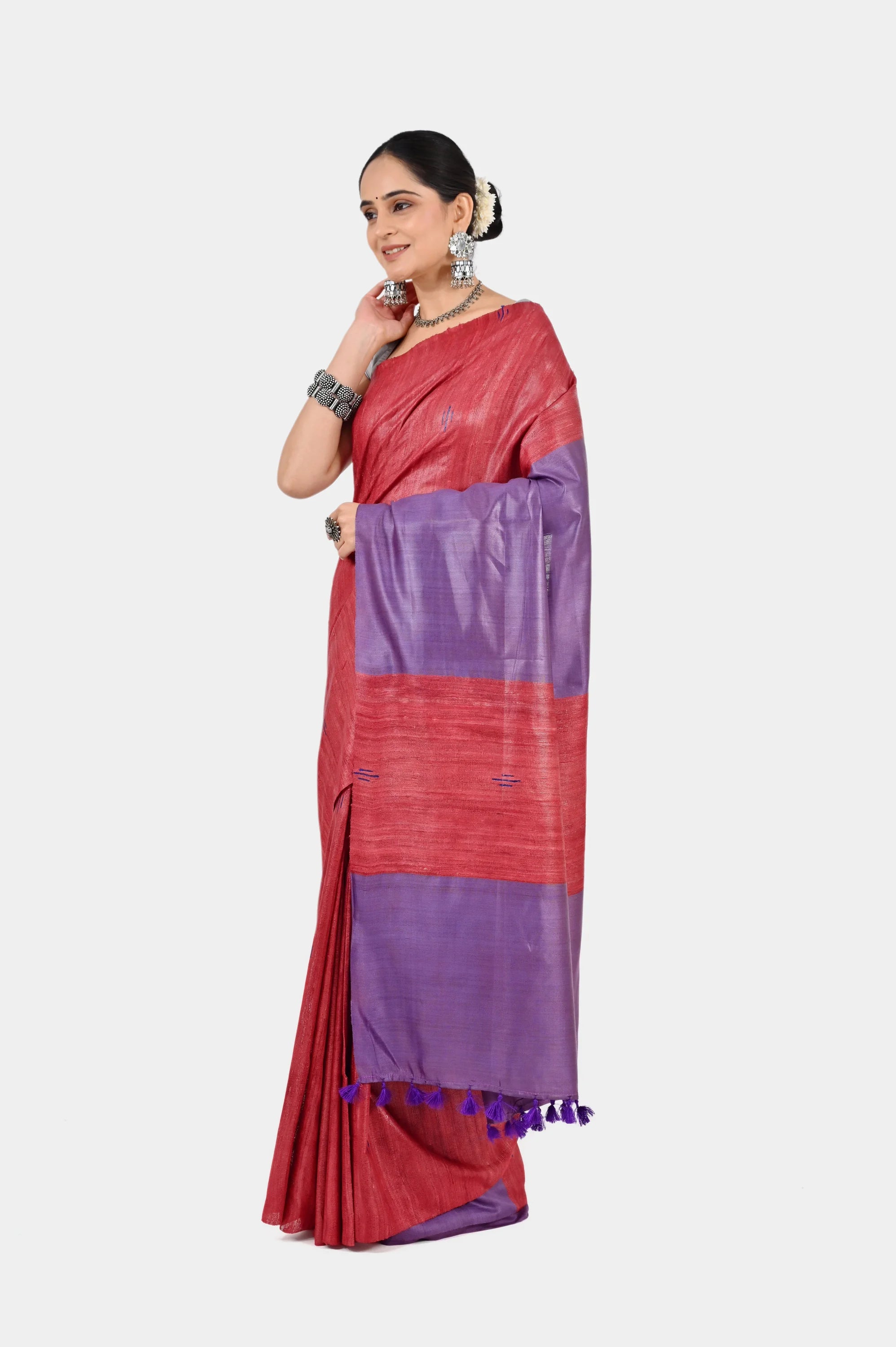 RED PURPLE GHICHA SILK SAREE - Hand - woven