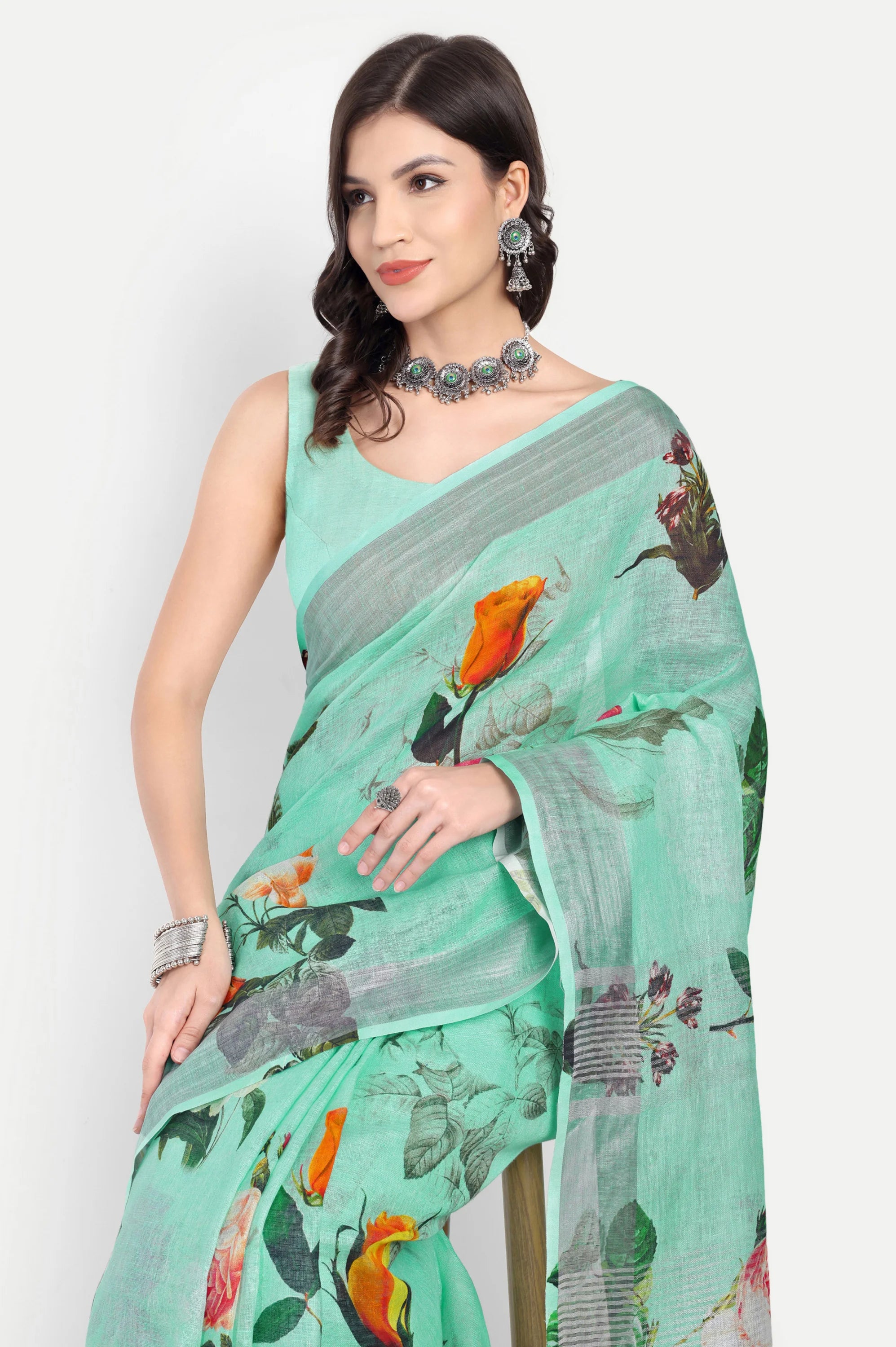 SEA GREEN FLORAL LINEN SAREE - Linen