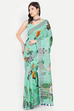 SEA GREEN FLORAL LINEN SAREE - Linen