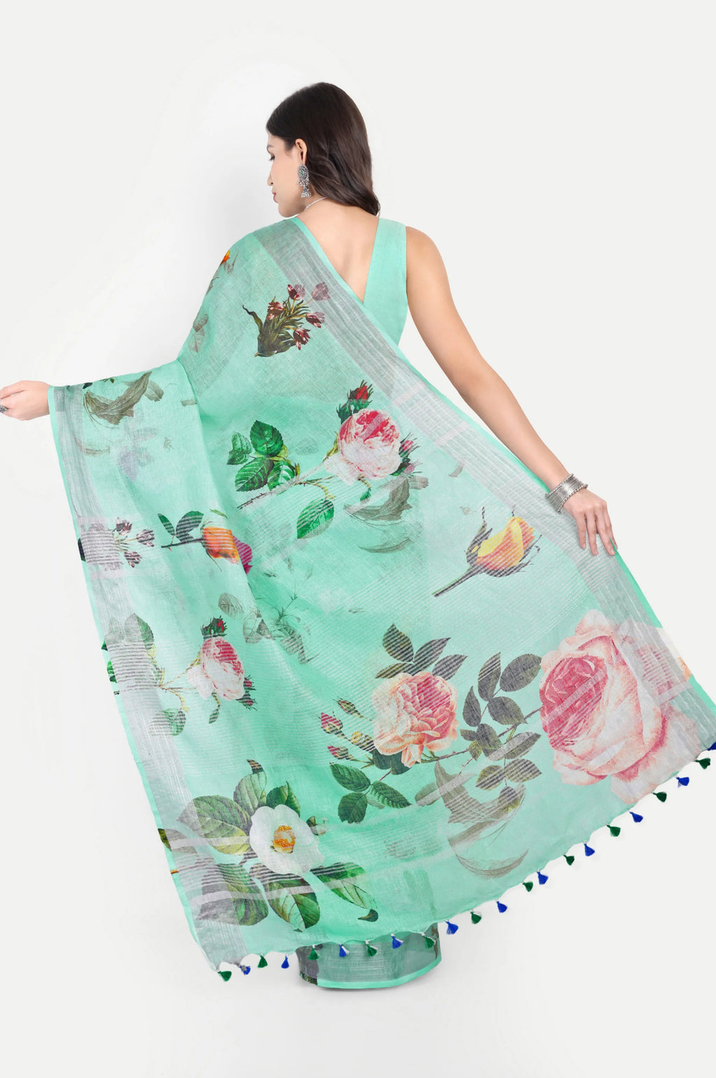 SEA GREEN FLORAL LINEN SAREE - Linen