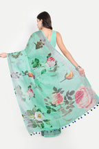 SEA GREEN FLORAL LINEN SAREE - Linen