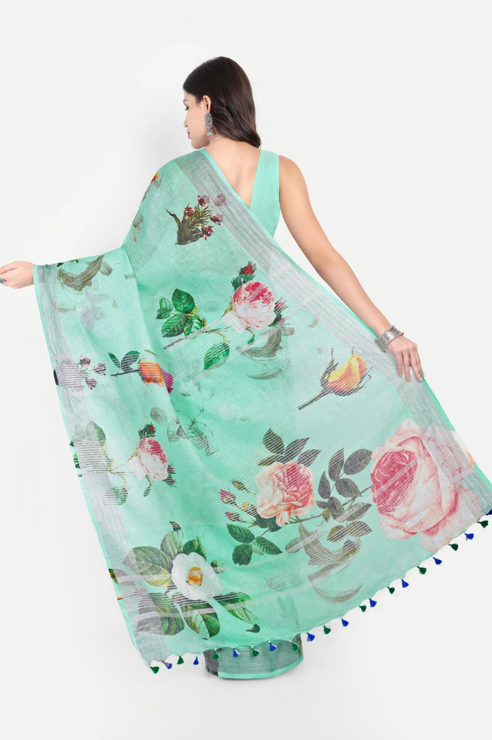 SEA GREEN FLORAL LINEN SAREE - Linen