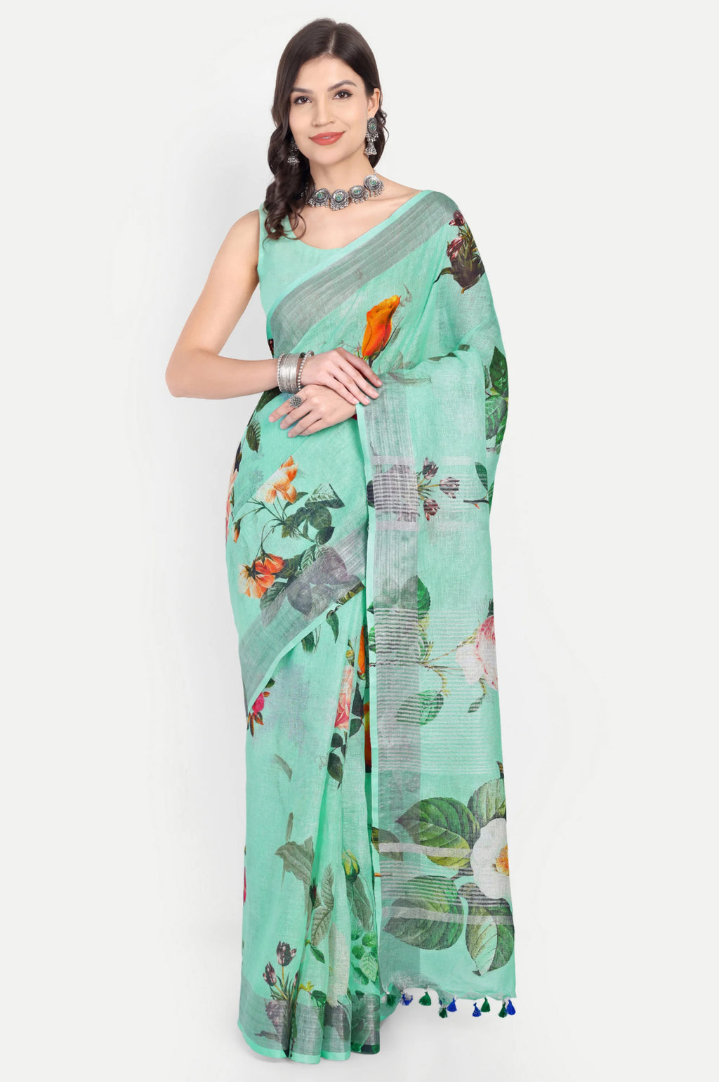SEA GREEN FLORAL LINEN SAREE - Linen