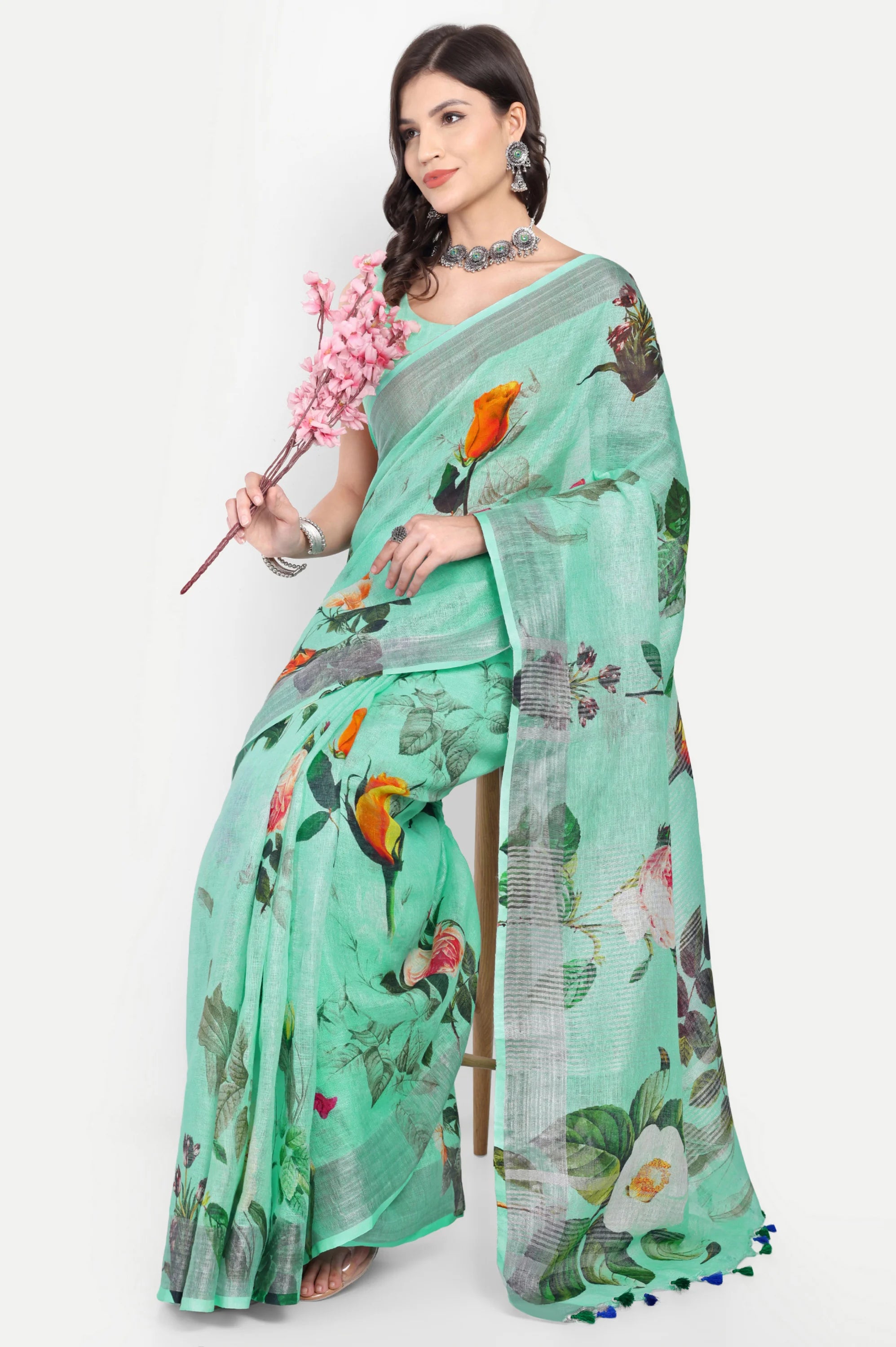 SEA GREEN FLORAL LINEN SAREE - Linen
