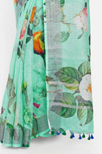 SEA GREEN FLORAL LINEN SAREE - Linen