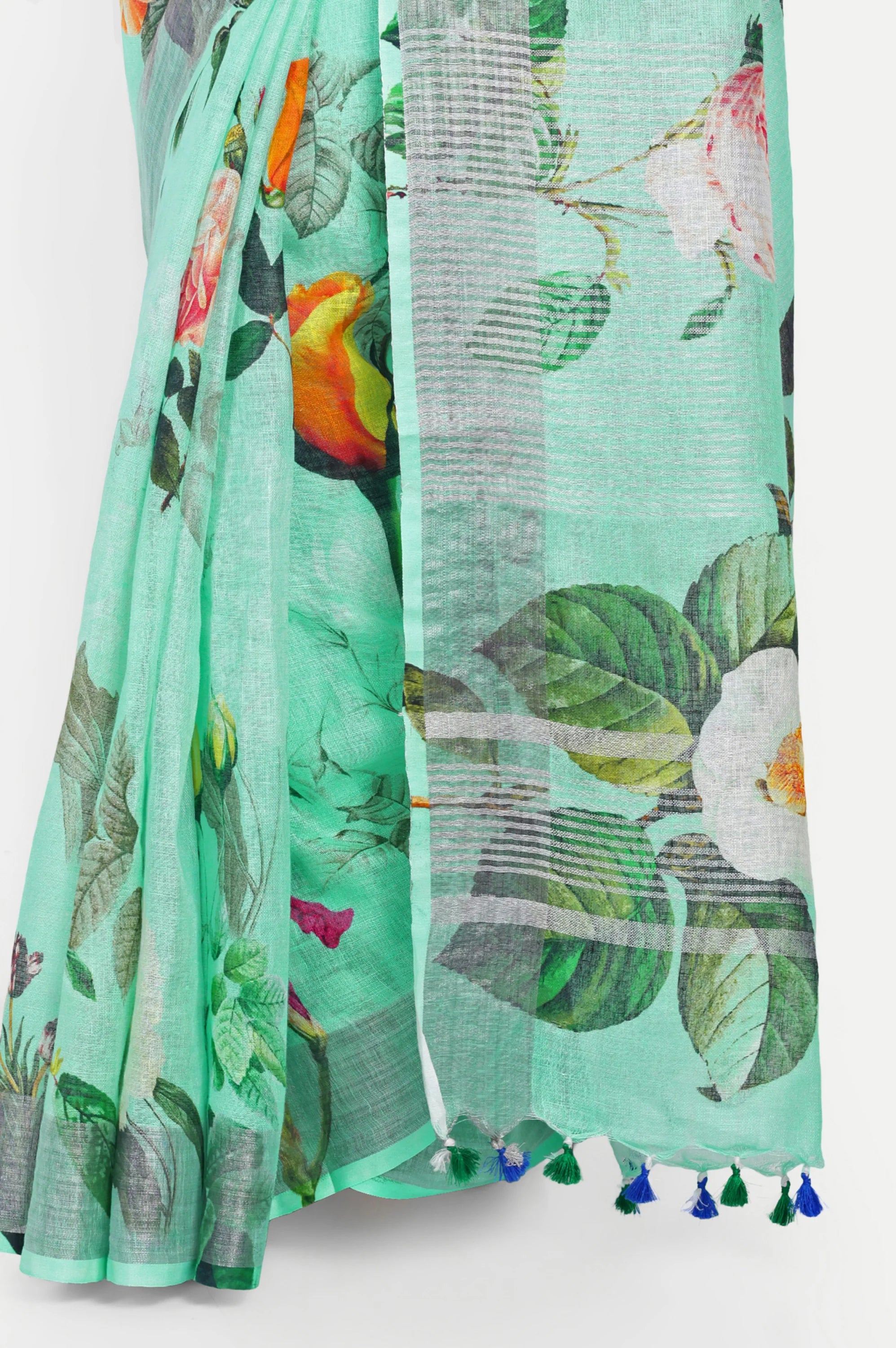 SEA GREEN FLORAL LINEN SAREE - Linen