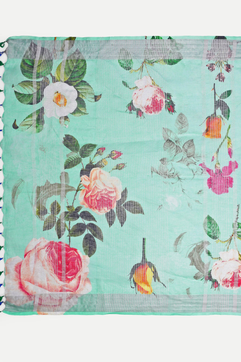 SEA GREEN FLORAL LINEN SAREE - Linen