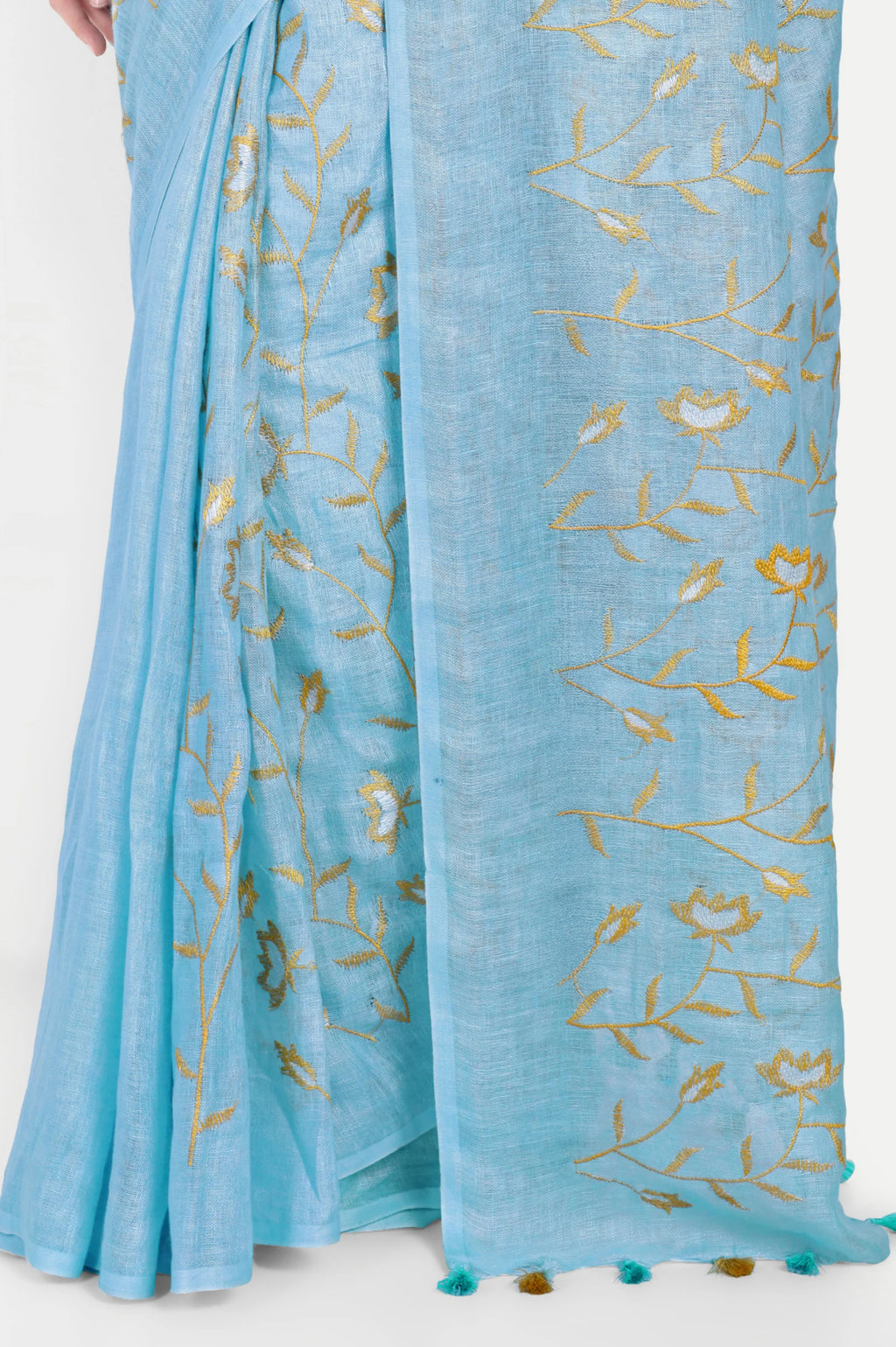SKY BLUE EMBROIDERED LINEN SAREE - Embroidery