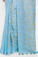 SKY BLUE EMBROIDERED LINEN SAREE - Embroidery