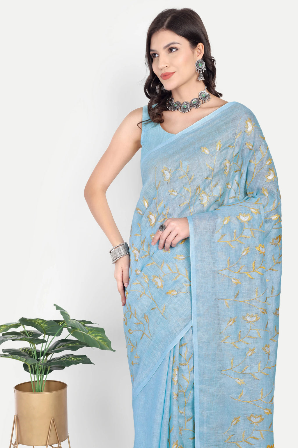 SKY BLUE EMBROIDERED LINEN SAREE - Embroidery