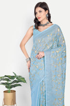 SKY BLUE EMBROIDERED LINEN SAREE - Embroidery