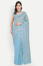 SKY BLUE EMBROIDERED LINEN SAREE - Embroidery