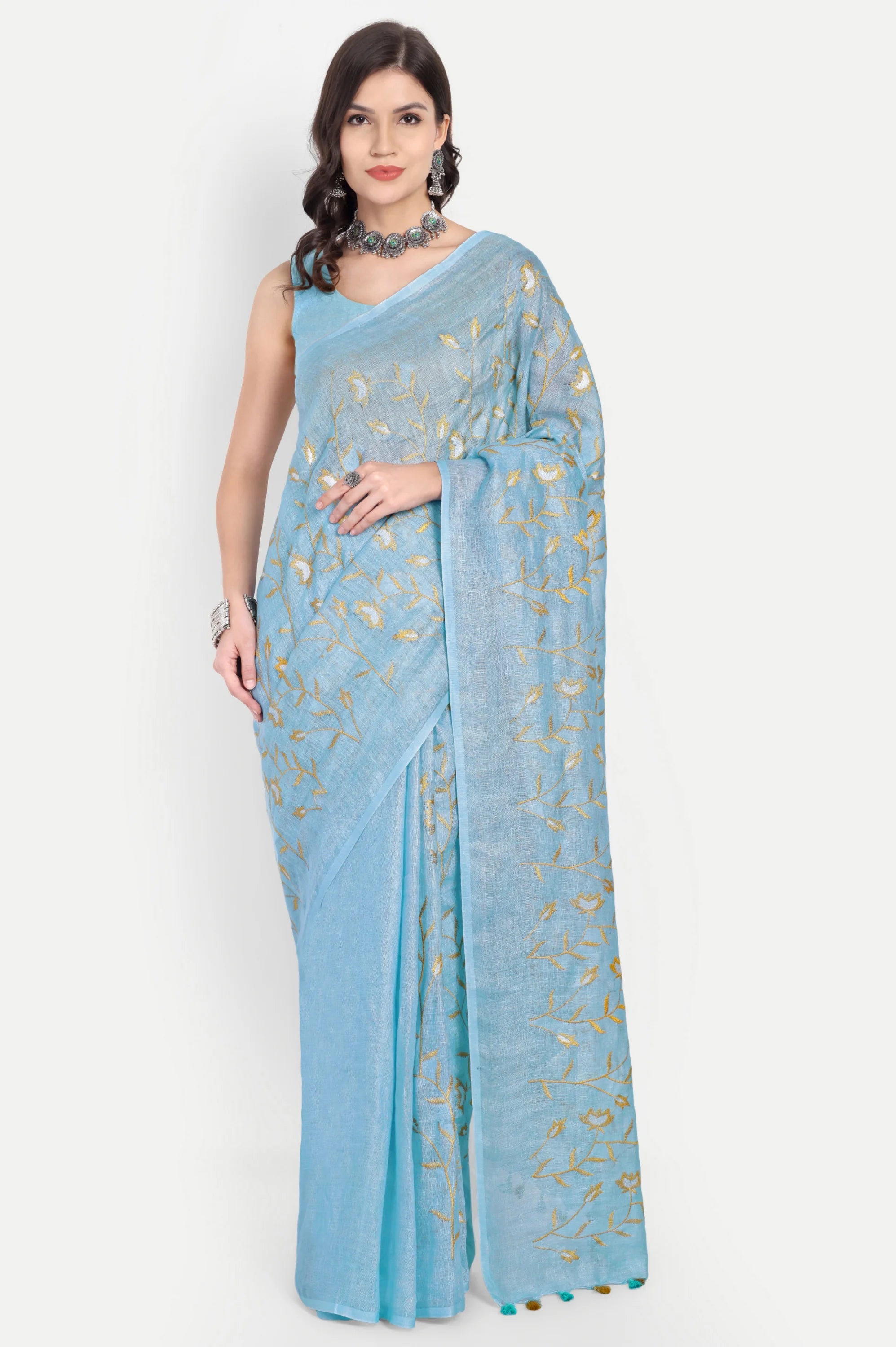 SKY BLUE EMBROIDERED LINEN SAREE - Embroidery