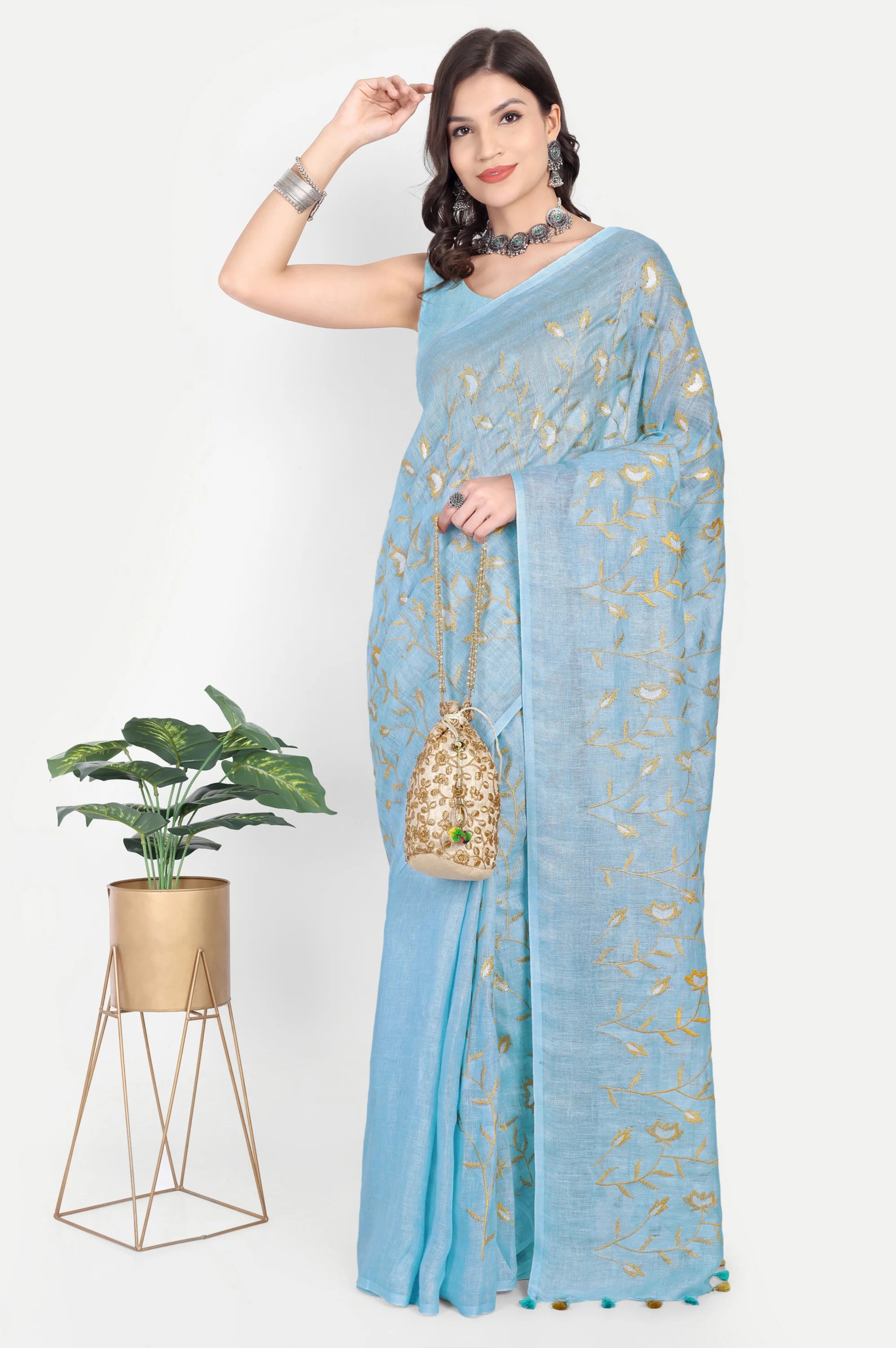 SKY BLUE EMBROIDERED LINEN SAREE - Embroidery